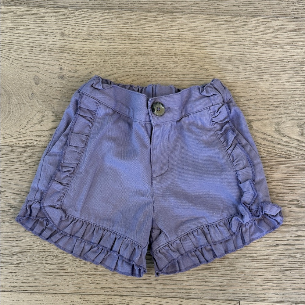RuffleButts Purple Ruffle Shorts – 4T, EUC, Adjustable Waist + Pockets